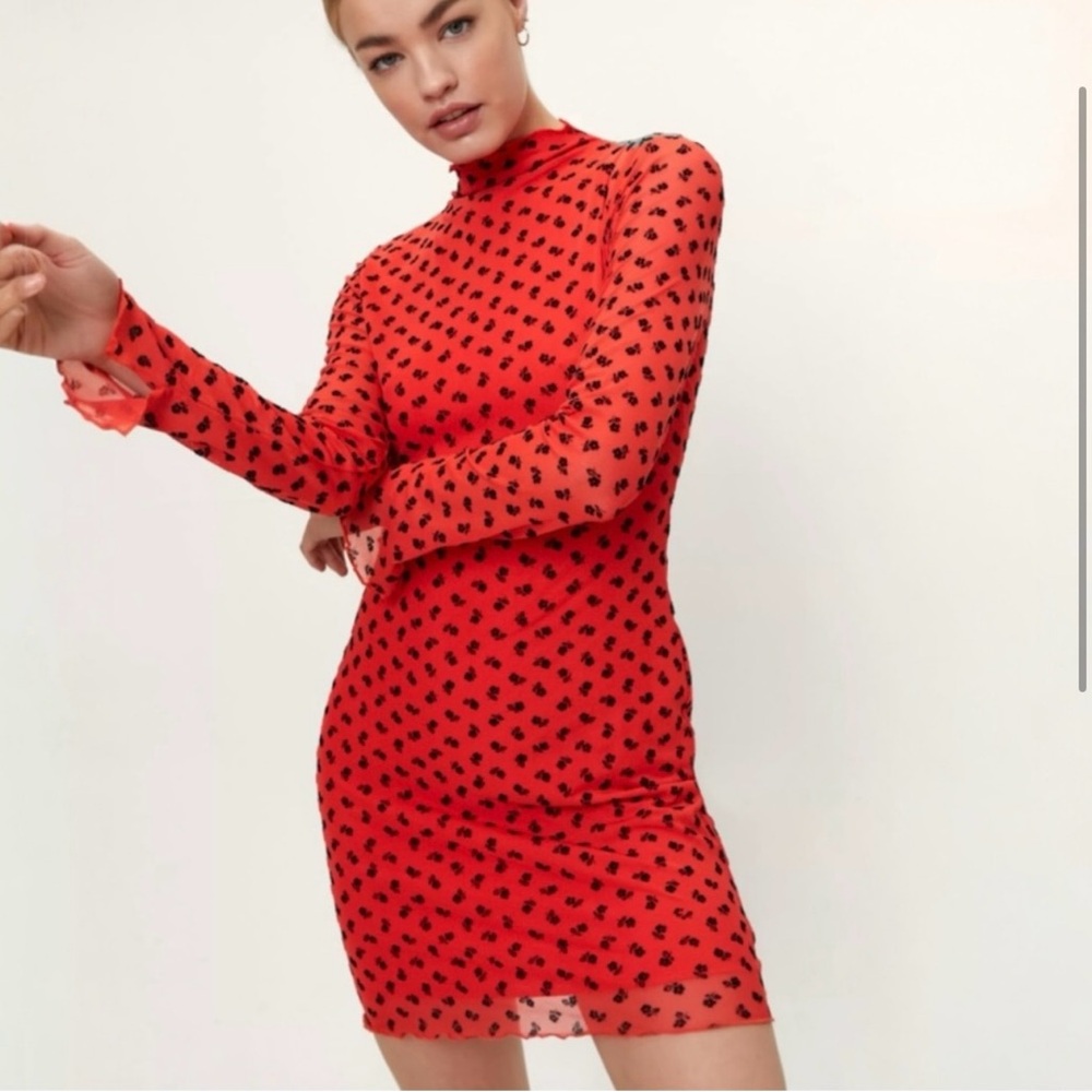 Nasty Gal Red Bodycon Long Sleeve Dress. Made in UK Sz 6. Sheer sleeves, lined.